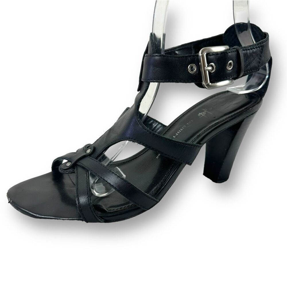 Franco Sarto‎ Women's 8 Ibiza Chunky Buckle Stacked Heel Sandals Black Leather
